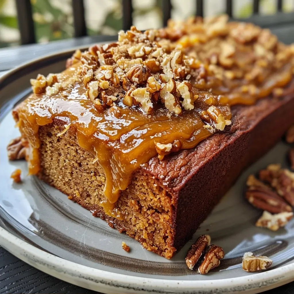['Close-up view of a moist pumpkin cake topped with cream cheese frosting and nuts.', 'Side profile of a slice of pumpkin cake with a creamy frosting and walnut topping.', 'Detailed view of a delectable pumpkin cake showcasing its soft texture and rich toppings.', 'Image of a pumpkin cake slice featuring a luscious cream cheese layer and sprinkled nuts.']
