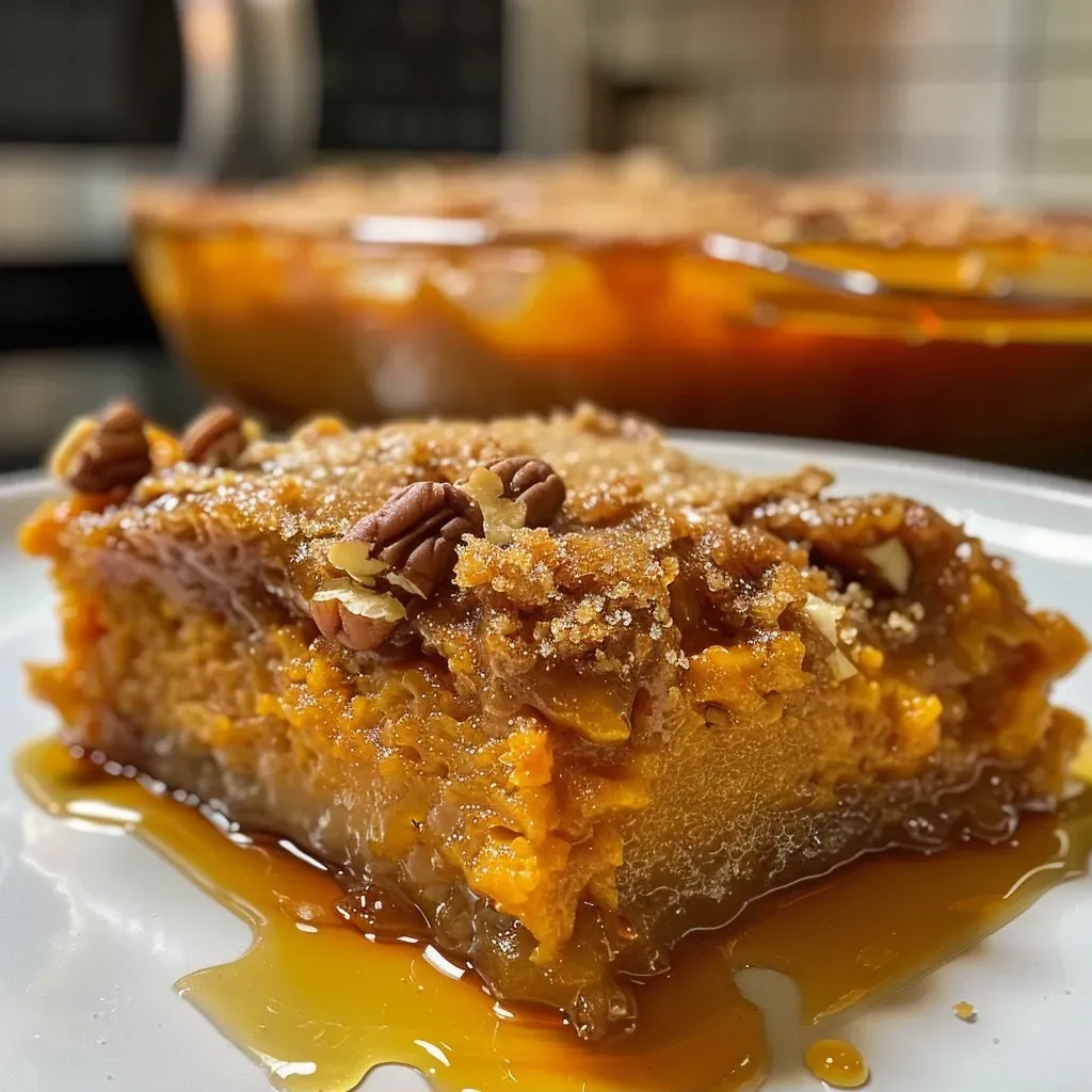 ['Close-up of a slice of Easy Pumpkin Cobbler topped with pecans and drizzled with sauce.', 'Side view of a warm pumpkin cobbler in a baking dish, showcasing its golden-brown crust and creamy filling.', 'A delicious pumpkin cobbler resting on a plate, garnished with chopped pecans and a light dusting of cinnamon.', 'Mouthwatering Easy Pumpkin Cobbler slice displayed with a fork beside it, emphasizing its rich texture.']