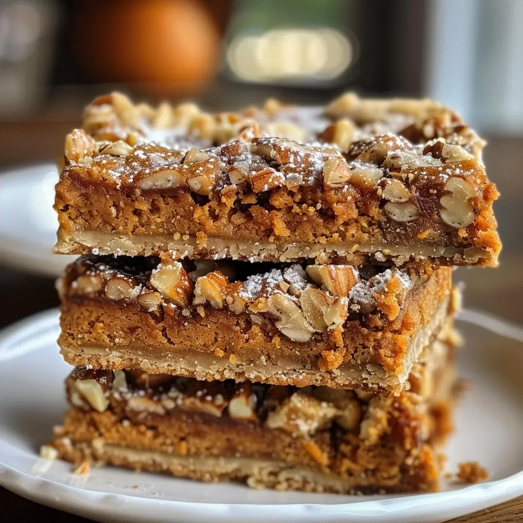 A close-up view of golden pumpkin pie squares with a crumbly nut topping.