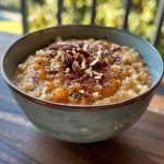 ['Close-up view of creamy pumpkin spice rice pudding topped with pecans.', 'Side view of delicious pumpkin spice rice pudding with chia seeds and nuts.', 'Zoomed-in shot of a bowl of pumpkin rice pudding with vibrant autumn colors.', 'Detailed image of pumpkin spice rice pudding garnished with chia seeds and pecans.']