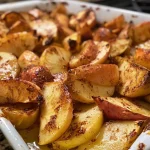 ['Close-up of roasted apples sprinkled with cinnamon and glistening with melted butter.', 'Side view of juicy roasted apples arranged on a plate, showcasing their caramelized texture.', 'Delicious roasted apples with a buttery sheen, emphasizing the cinnamon dusting on their surface.', 'A cluster of golden-brown roasted apples, highlighting the glossy finish and warm spices.']