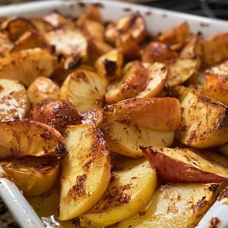 ['Close-up of roasted apples sprinkled with cinnamon and glistening with melted butter.', 'Side view of juicy roasted apples arranged on a plate, showcasing their caramelized texture.', 'Delicious roasted apples with a buttery sheen, emphasizing the cinnamon dusting on their surface.', 'A cluster of golden-brown roasted apples, highlighting the glossy finish and warm spices.']