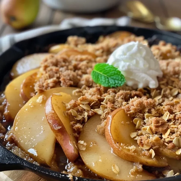 ['Close-up of a juicy skillet pear crisp topped with a golden crust.', 'Side view of a delicious pear crisp dish with a scoop of vanilla ice cream.', 'A vibrant serving of skillet pear crisp garnished with mint leaves.', 'Warm pear crisp in a skillet, showcasing its crumbly texture and fresh ingredients.']