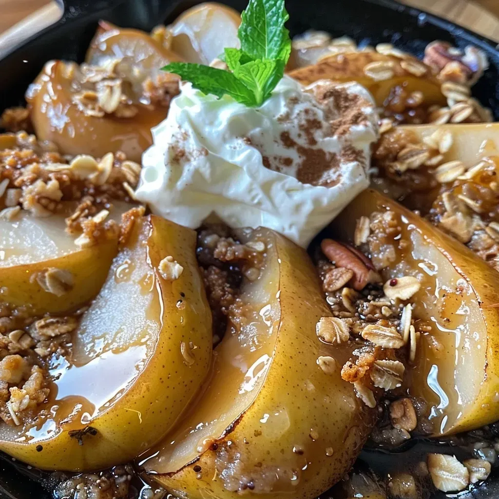 Close-up of a juicy skillet pear crisp topped with a golden crust.