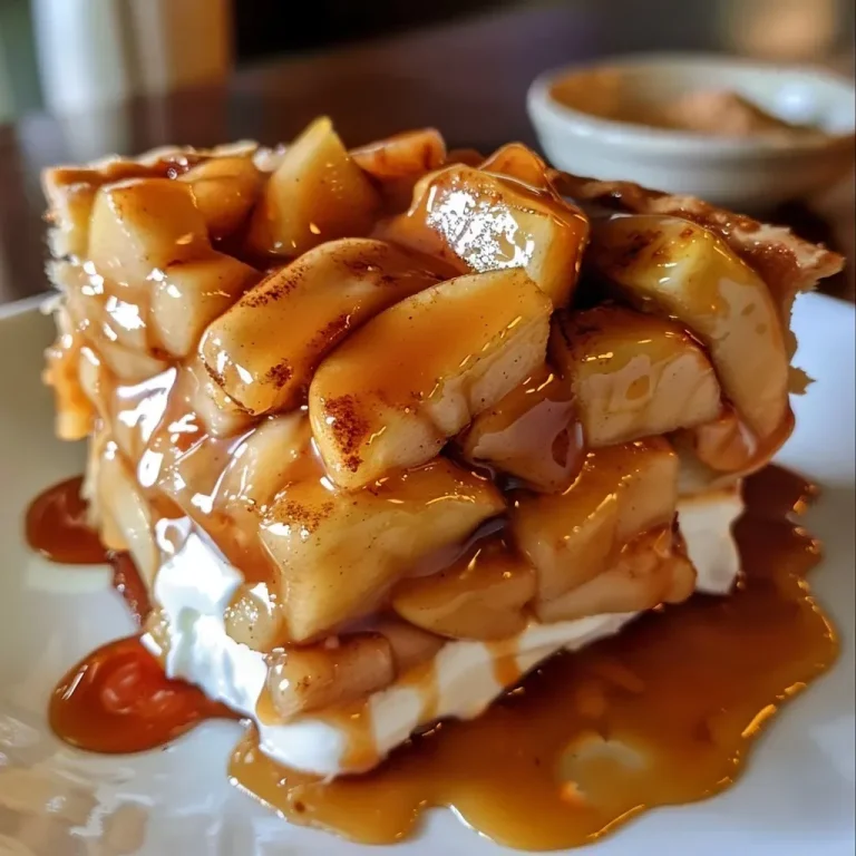 ['Close-up of a creamy caramel dessert with apple pie filling.', 'Side view of a layered apple and caramel dessert in a glass bowl.', 'Detailed shot of a fall-inspired dessert featuring yogurt and apples.', 'Rich caramel dessert topped with light apple filling and yogurt.']