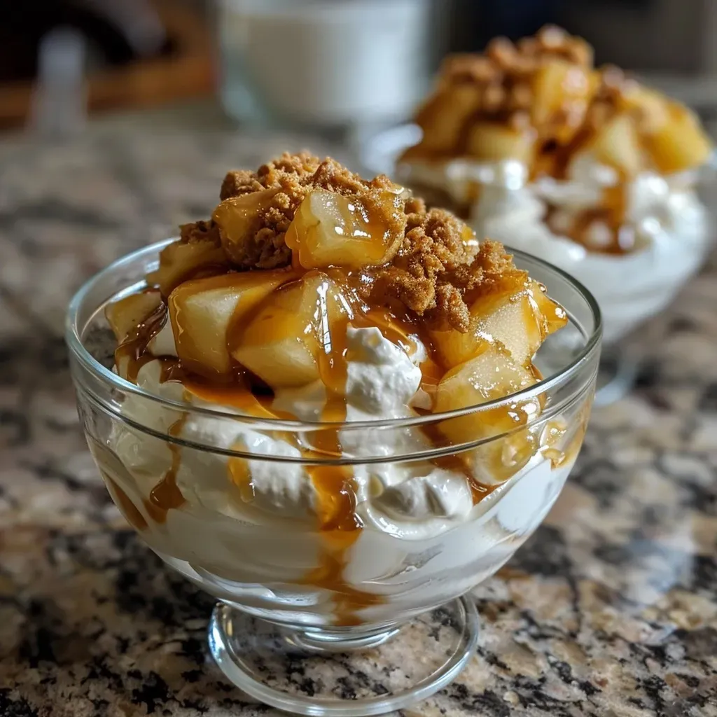Close-up of a creamy caramel dessert with apple pie filling.