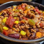 ['A close-up view of a steaming bowl of ground turkey chili, showcasing colorful ingredients.', 'Side view of a hearty ground turkey chili filled with beans, vegetables, and spices.', 'Juicy ground turkey chili displayed in a bowl, featuring vibrant fresh vegetables.', 'Close-up image of fall harvest chili, highlighting ground turkey and various toppings.']