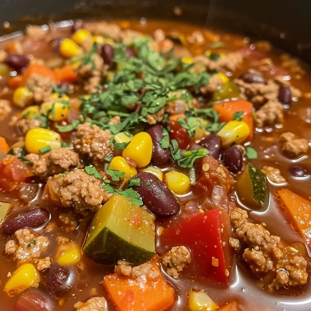 ['A close-up view of a steaming bowl of ground turkey chili, showcasing colorful ingredients.', 'Side view of a hearty ground turkey chili filled with beans, vegetables, and spices.', 'Juicy ground turkey chili displayed in a bowl, featuring vibrant fresh vegetables.', 'Close-up image of fall harvest chili, highlighting ground turkey and various toppings.']