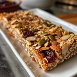 ['Close-up view of homemade granola bars with oats, almonds, and cranberries.', 'Side view of healthy granola bars showcasing their nutty and fruity ingredients.', 'Juicy granola bars filled with oats, pumpkin seeds, and Medjool dates.', 'Raw, vibrant granola bars displaying various textures and colors from the ingredients.']