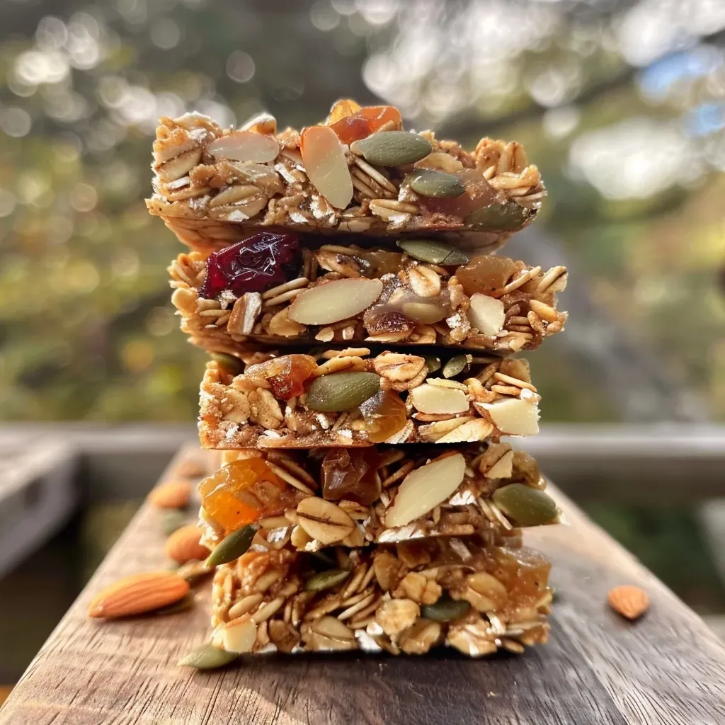 Close-up view of homemade granola bars with oats, almonds, and cranberries.