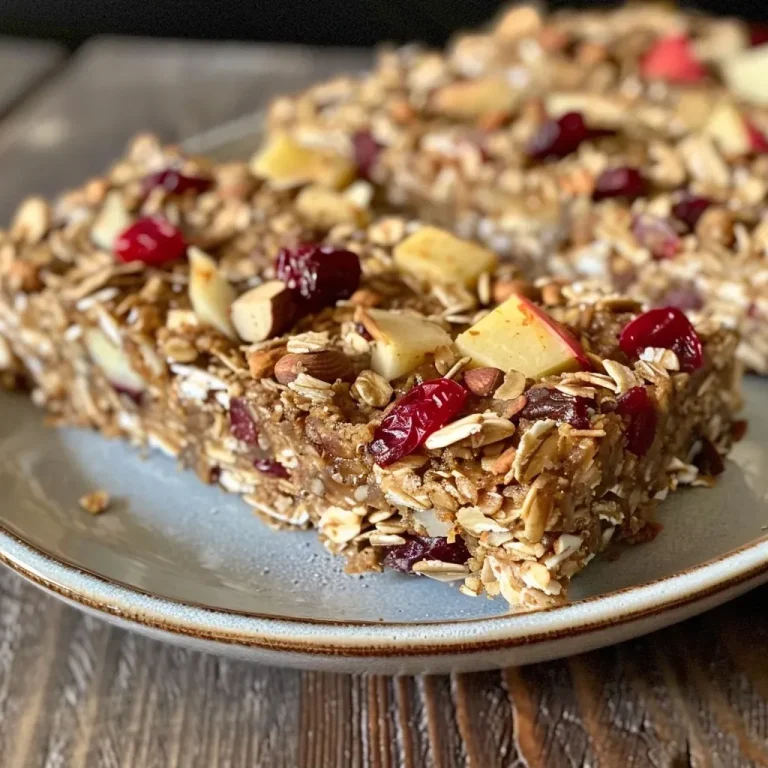 ['Close-up view of baked Fall Harvest Snack Bars with oats and cranberries.', 'Side view of delicious nutty snack bars featuring pumpkin and dried fruits.', 'Textured snack bars made with almond meal, oats, and seasonal flavors.', 'Homemade snack bars showcasing cranberries and apples, perfect for fall.']