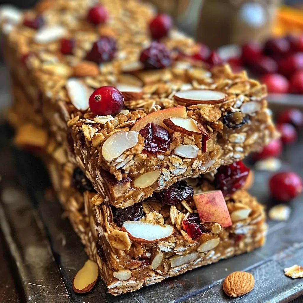 Close-up view of baked Fall Harvest Snack Bars with oats and cranberries.