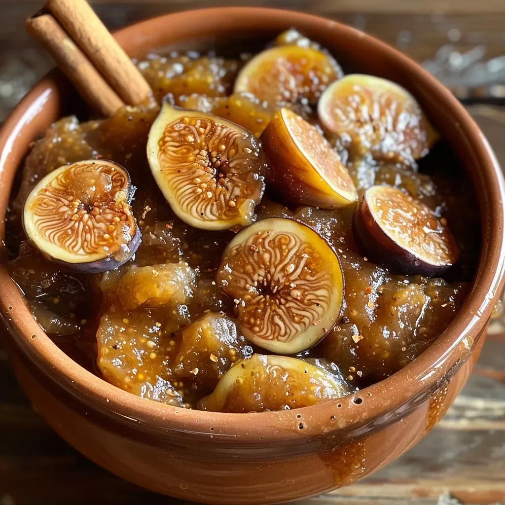 ['Close-up of a bowl filled with fresh fig compote, showcasing juicy figs and spices.', 'Side view of fig compote with whole figs, glistening with syrup, in a white bowl.', 'Detailed image of homemade fig compote, highlighting the chunks of figs and a cinnamon stick.', 'Rich, glossy fig compote in a serving dish, with fresh ingredients displayed around it.']