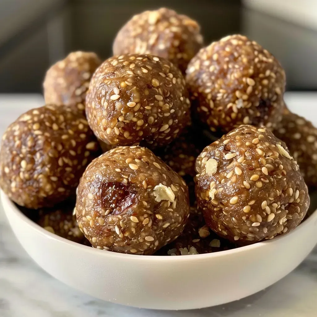 ['Side view close-up of vegan fig energy balls, showcasing their textured surface.', 'Detailed shot of fig energy balls, highlighting the walnut and hemp seed texture.', 'Close-up view of delicious fig energy balls with visible ingredients like walnuts and figs.', 'Juicy fig energy balls captured from the side, revealing a mixture of nuts and seeds.']