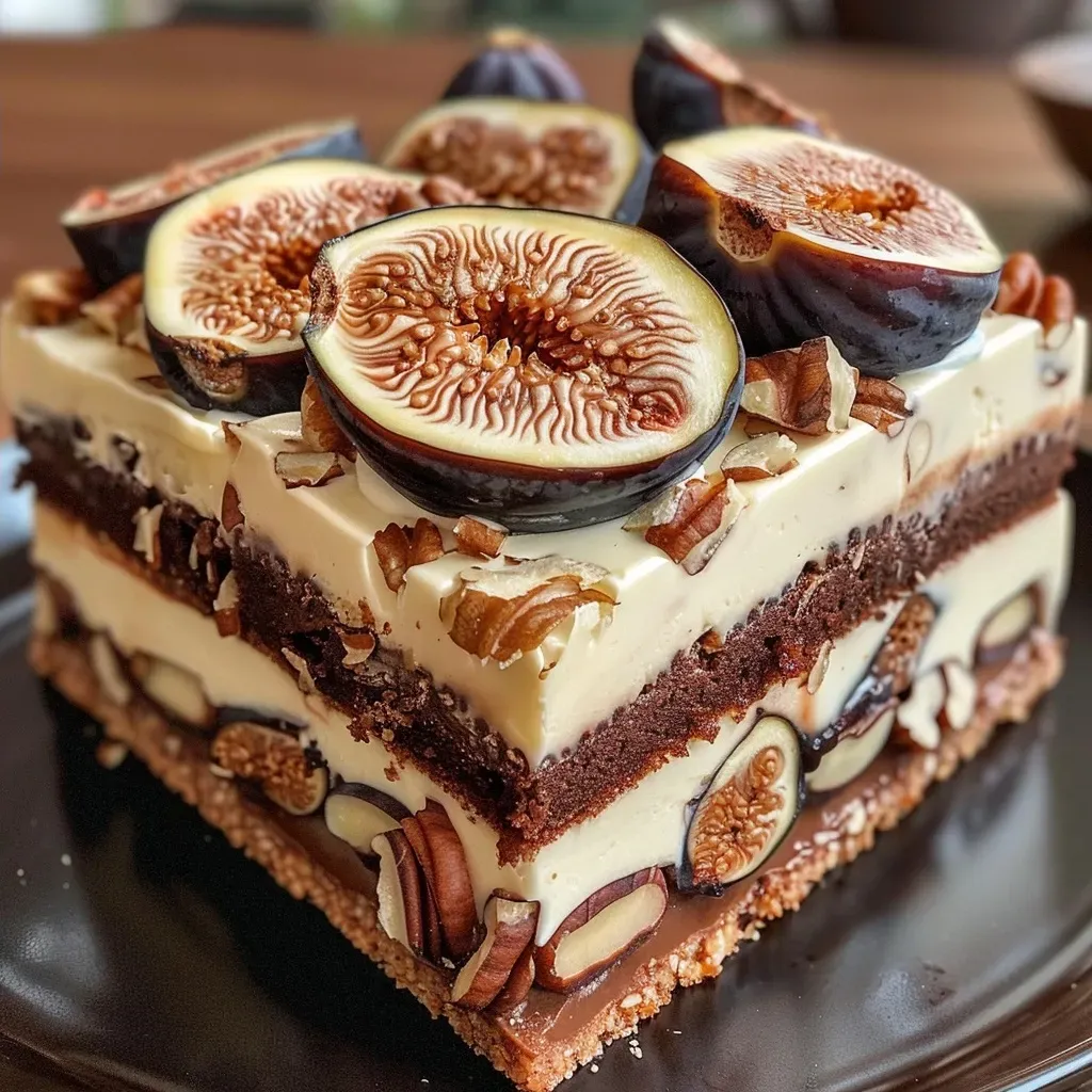 ['Close-up view of a delicious Fig Walnut Cake showcasing its moist texture and rich toppings.', 'Side view of a Fig Walnut Cake, highlighting its layers and decorative walnut pieces.', 'Detailed shot of a Fig Walnut Cake with glistening figs and walnut praline topping.', 'Close-up of a Fig Walnut Cake revealing its creamy filling and nutty crust.']