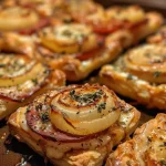 ['Side view of a golden-brown Fireside Tart filled with sliced chorizo and herbs.', 'Close-up of a delicious Fireside Tart showcasing its flaky crust and vibrant filling.', 'Detailed side view of a Fireside Tart, highlighting its juicy filling and texture.', 'Image of a Fireside Tart filled with chorizo, cheese, and herbs, captured from the side.']