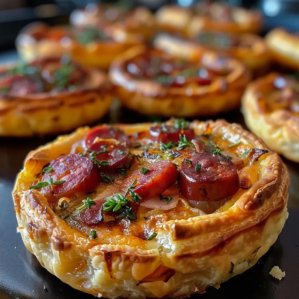 ['Side view of a golden-brown Fireside Tart filled with sliced chorizo and herbs.', 'Close-up of a delicious Fireside Tart showcasing its flaky crust and vibrant filling.', 'Detailed side view of a Fireside Tart, highlighting its juicy filling and texture.', 'Image of a Fireside Tart filled with chorizo, cheese, and herbs, captured from the side.']