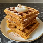 ['Close-up view of golden-brown flourless pumpkin waffles topped with maple syrup.', 'Side perspective of delectable pumpkin waffles, showcasing their fluffy texture and rich color.', 'Juicy, flourless pumpkin waffles, with a drizzle of syrup and a sprinkle of spices.', 'Appetizing stack of pumpkin waffles with a warm, inviting appearance, ideal for breakfast.']