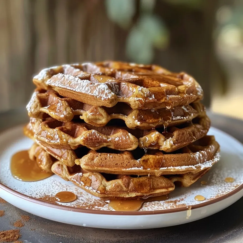 ['Close-up view of golden-brown flourless pumpkin waffles topped with maple syrup.', 'Side perspective of delectable pumpkin waffles, showcasing their fluffy texture and rich color.', 'Juicy, flourless pumpkin waffles, with a drizzle of syrup and a sprinkle of spices.', 'Appetizing stack of pumpkin waffles with a warm, inviting appearance, ideal for breakfast.']