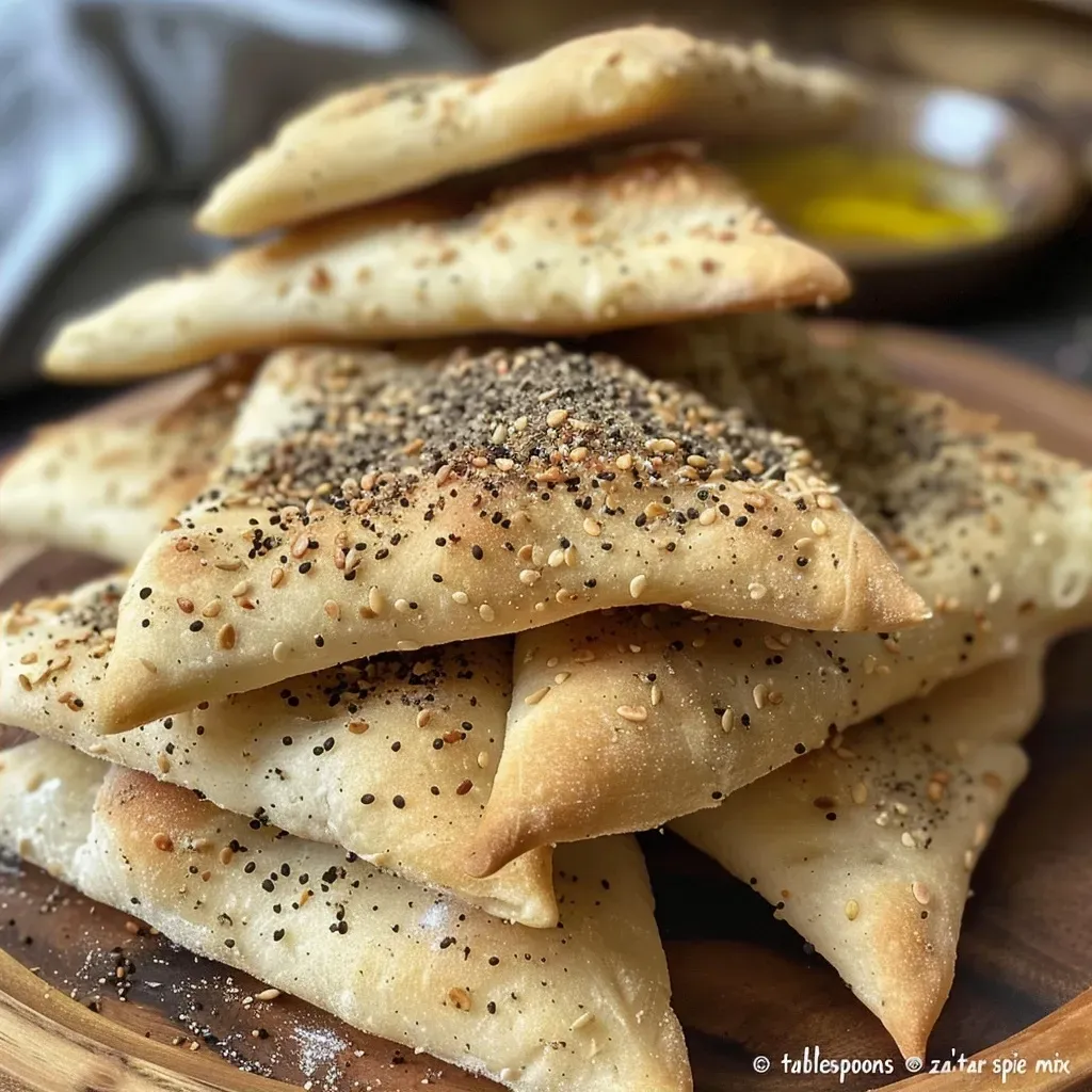 Close-up of fluffy zaatar manakish flatbread, highlighting its crispy edges and aromatic herb topping.