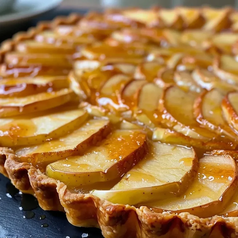 ['Close-up side view of a golden-brown French apple tart with a glossy finish and baked apple slices.', 'Side view of a freshly baked French apple tart showcasing juicy apple filling and a flaky crust.', 'Delicious French apple tart with visible apple slices and a rich, golden crust in a close-up perspective.', 'Side view of a homemade French apple tart, highlighting its flaky layers and caramelized apple tops.']