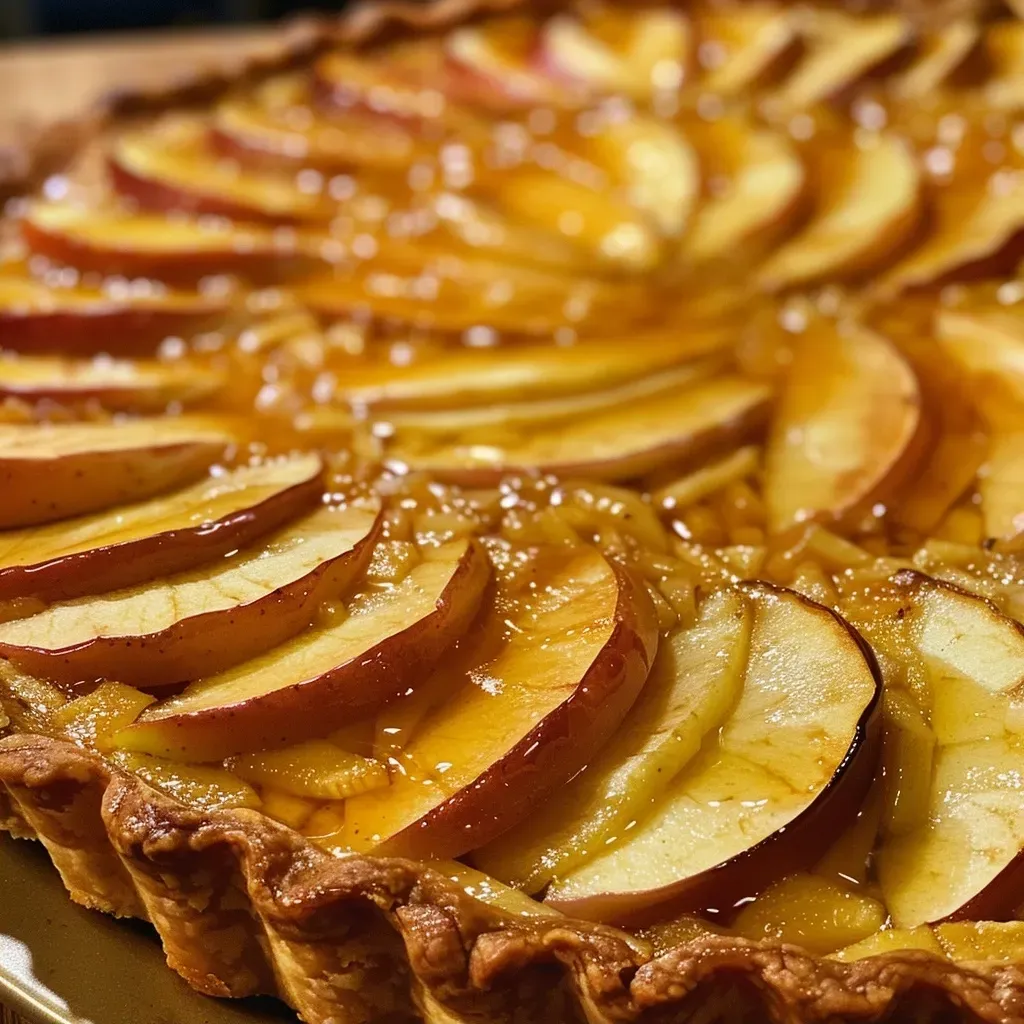 Close-up side view of a golden-brown French apple tart with a glossy finish and baked apple slices.