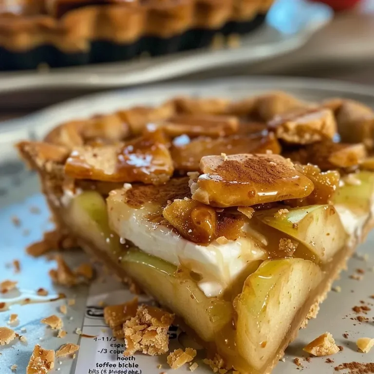 ['A close-up side view of a Fresh Apple Toffee Tart with a golden crust and apple filling.', 'Juicy Fresh Apple Toffee Tart displayed with a rich toffee topping and creamy whipped cream.', 'Sliced Fresh Apple Toffee Tart showcasing layers of apple filling and toffee bits against a pie crust.', 'Fresh Apple Toffee Tart served on a plate, featuring tart apples and a sprinkle of toffee bits.']