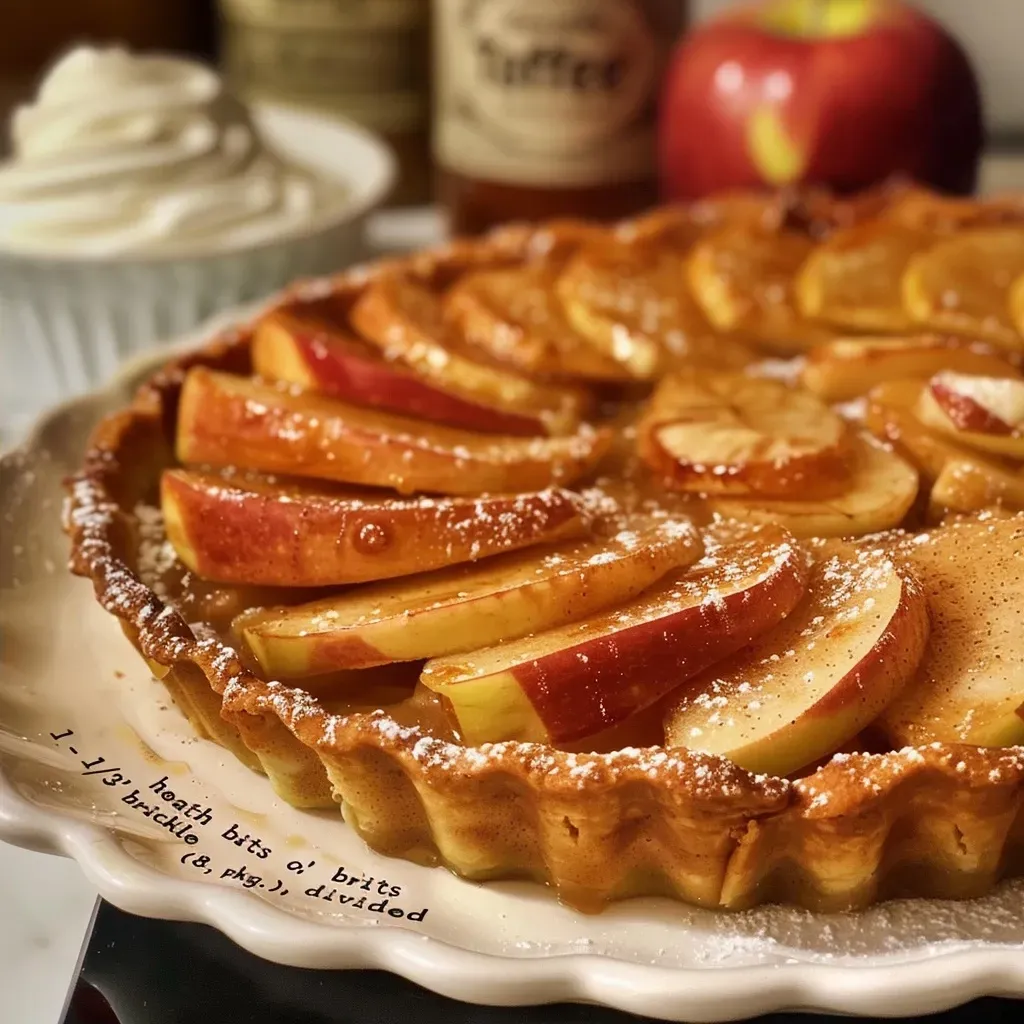 A close-up side view of a Fresh Apple Toffee Tart with a golden crust and apple filling.