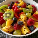 ['Close-up view of a colorful fruit salad featuring strawberries, kiwi, grapes, pineapple, raspberries, and blueberries.', 'A vibrant fruit salad captured in a side view, highlighting a mix of fresh berries and tropical fruits.', 'Detailed image of a delicious fruit salad with brown sugar and cinnamon, showcasing juicy strawberries and kiwi.', 'Side view of a refreshing fruit salad brimming with strawberries, blueberries, kiwi, and a sprinkle of cinnamon.']