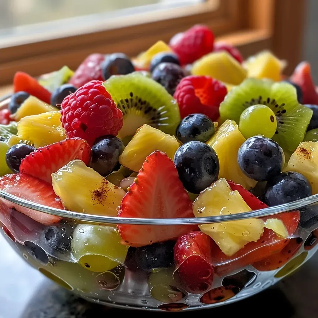 Close-up view of a colorful fruit salad featuring strawberries, kiwi, grapes, pineapple, raspberries, and blueberries.