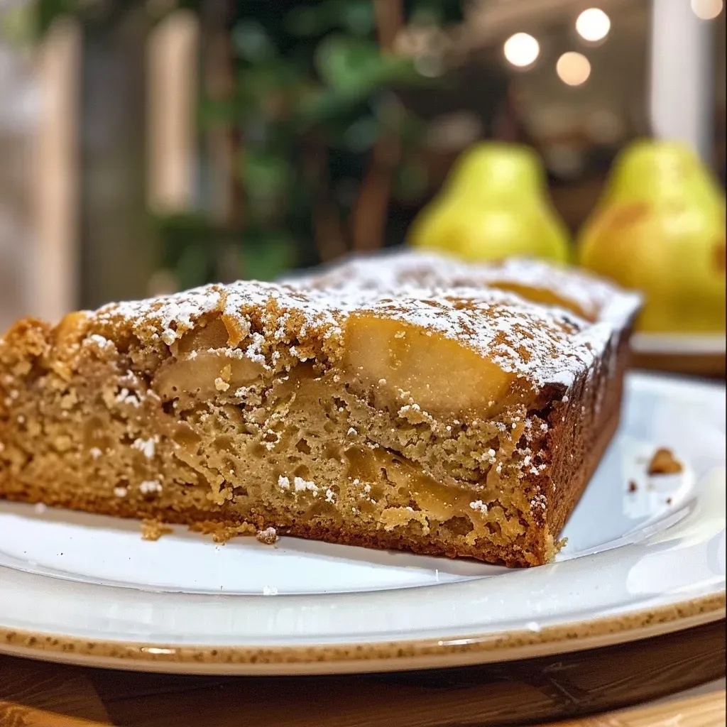 Side view of a freshly baked Ginger and Pear Cake with slices of pear on top.