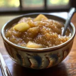 ['Close-up of a bowl filled with ginger pear cinnamon applesauce, showing chunks of fruit.', 'A side view of freshly made ginger pear cinnamon applesauce in a clear bowl, highlighting its texture.', 'Detailed image of applesauce with visible pieces of ginger and pear, served in a dish.', 'Juicy ginger pear cinnamon applesauce captured from the side, with a shiny surface and spice flecks.']