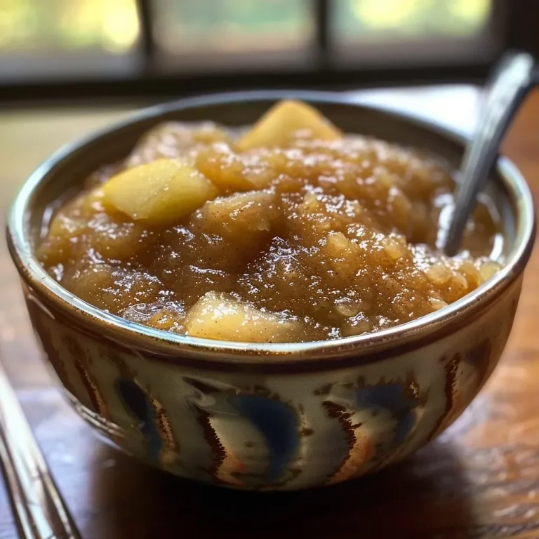 ['Close-up of a bowl filled with ginger pear cinnamon applesauce, showing chunks of fruit.', 'A side view of freshly made ginger pear cinnamon applesauce in a clear bowl, highlighting its texture.', 'Detailed image of applesauce with visible pieces of ginger and pear, served in a dish.', 'Juicy ginger pear cinnamon applesauce captured from the side, with a shiny surface and spice flecks.']