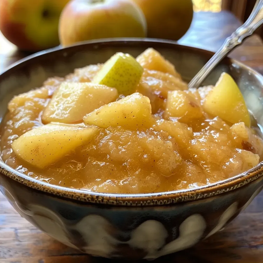 ['Close-up of a bowl filled with ginger pear cinnamon applesauce, showing chunks of fruit.', 'A side view of freshly made ginger pear cinnamon applesauce in a clear bowl, highlighting its texture.', 'Detailed image of applesauce with visible pieces of ginger and pear, served in a dish.', 'Juicy ginger pear cinnamon applesauce captured from the side, with a shiny surface and spice flecks.']