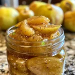 ['Close-up view of a jar filled with gingered pear preserves.', 'Detailed side view of a homemade gingered pear preserves jar with fruit.', 'Freshly made gingered pear preserves in a glass container on a counter.', 'Luscious gingered pear preserves with visible pear chunks and ginger zest.']