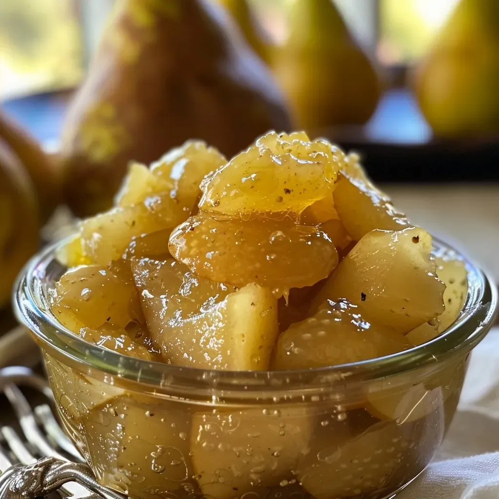 ['Close-up view of a jar filled with gingered pear preserves.', 'Detailed side view of a homemade gingered pear preserves jar with fruit.', 'Freshly made gingered pear preserves in a glass container on a counter.', 'Luscious gingered pear preserves with visible pear chunks and ginger zest.']