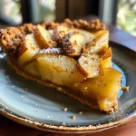 ['Close-up side view of a vegan and gluten-free Gingery Pear Tart with a golden crust.', 'Juicy slices of ginger-infused pear arranged on a tart, showcasing a flaky crust and rich filling.', 'A vibrant, side view of a Gingery Pear Tart highlighting ripe pear slices and a buttery appearance.', 'Close-up detail of a delicious pear tart topped with coconut whipped cream, set against a simple background.']