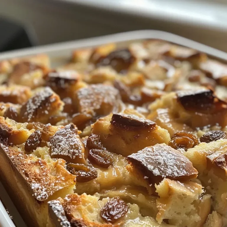 ['Close-up view of a golden-brown gluten-free bread pudding with raisins.', 'Side angle of a delicious gluten-free bread pudding with a soft, custardy texture.', 'Juicy gluten-free bread pudding, cubed bread visible, showcasing its rich color and ingredients.', 'Appetizing slice of gluten-free bread pudding, highlighting its moist interior filled with raisins.']