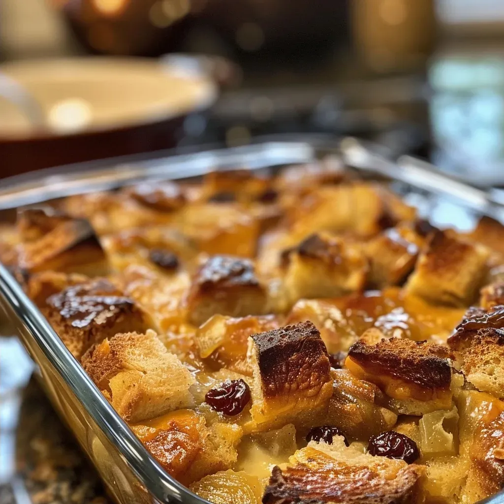 ['Close-up view of a golden-brown gluten-free bread pudding with raisins.', 'Side angle of a delicious gluten-free bread pudding with a soft, custardy texture.', 'Juicy gluten-free bread pudding, cubed bread visible, showcasing its rich color and ingredients.', 'Appetizing slice of gluten-free bread pudding, highlighting its moist interior filled with raisins.']