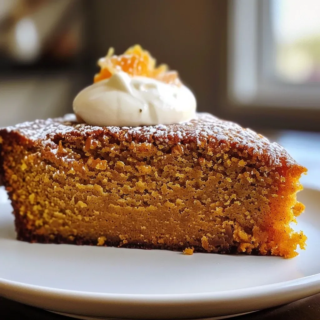 A close-up side view of a gluten-free pumpkin cake topped with pecan crumble.