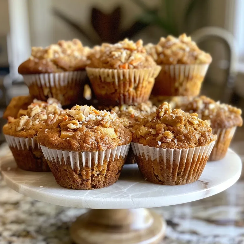 ['A close-up side view of a golden brown muffin, highlighting its moist texture and apple pieces.', 'Juicy Golden Harvest Muffins with a textured surface, showcasing shredded apples and nuts.', 'Side profile of a freshly baked muffin, warm and inviting, with visible carrots and coconut.', 'A delicious muffin revealing its golden crust, featuring bits of fruit and a wholesome appearance.']