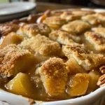 ['Close-up shot of gooey apple cobbler served with sweet potato biscuits, showcasing golden crust and juicy apple filling.', 'Side view of apple cobbler with a crumbly topping, revealing plump apples and sweet potato biscuits on a rustic plate.', 'Detailed photograph of a warm apple cobbler, featuring melted edges and sprinkled cinnamon on top with a side of sweet potato biscuits.', 'A delectable apple cobbler with a gooey, glistening texture, accompanied by fluffy sweet potato biscuits.']