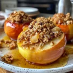 ['Juicy baked apples filled with granola, shown from a side view.', 'Close-up of granola-topped baked apples, highlighting texture and ingredients.', 'Delicious granola baked apples, featuring a side perspective showcasing the filling.', 'Side view of warm apples topped with golden granola, ready to serve.']