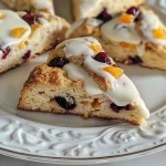 ['Side view close-up of golden-brown Greek Yogurt Cranberry Orange Scones.', 'Detailed shot of cranberry orange scones with a glaze on top, displaying textures.', "Close-up image showcasing the scones' crumbly surface and vibrant cranberry pieces.", 'Artistic side view of freshly baked Greek yogurt scones with orange zest scattered.']