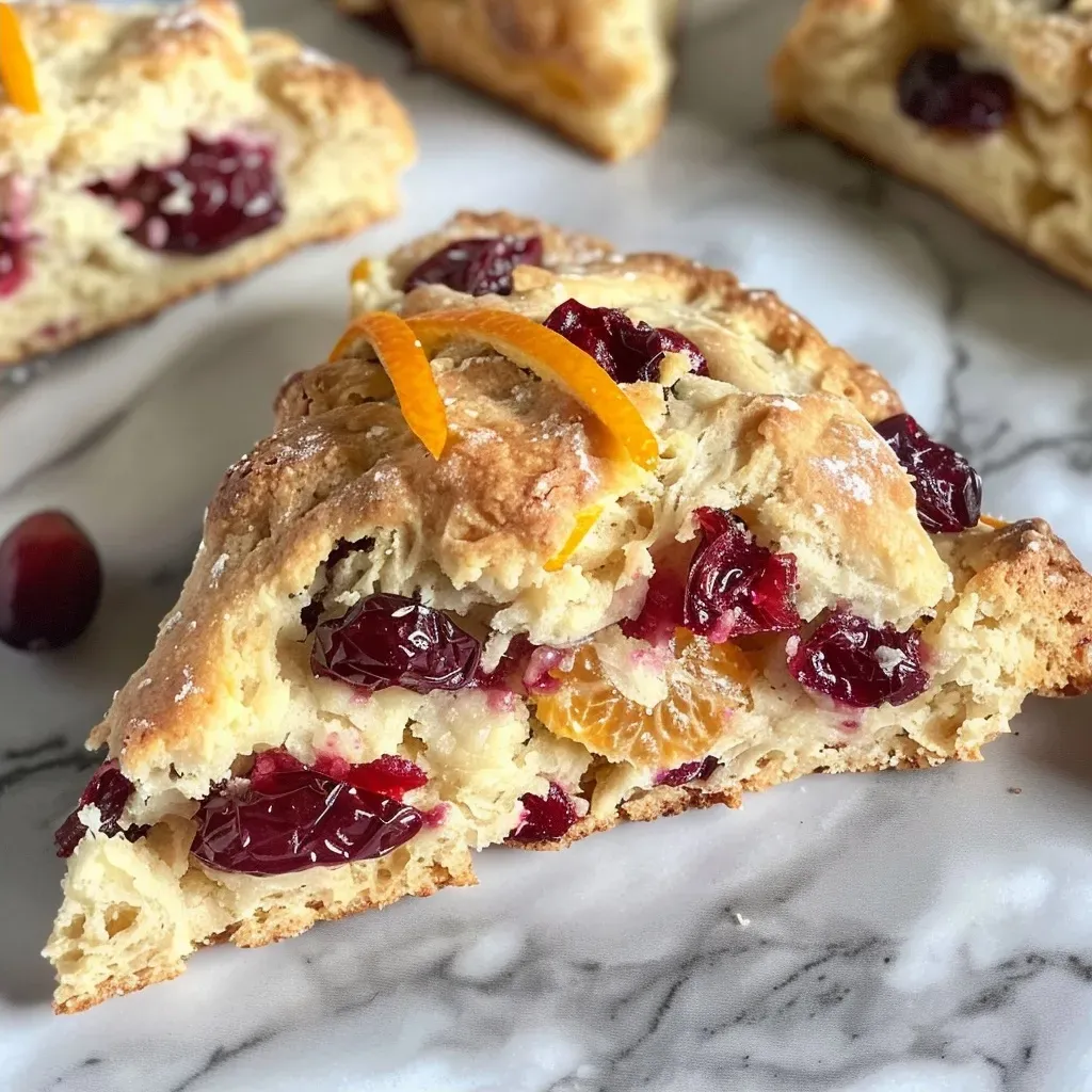 ['Side view close-up of golden-brown Greek Yogurt Cranberry Orange Scones.', 'Detailed shot of cranberry orange scones with a glaze on top, displaying textures.',