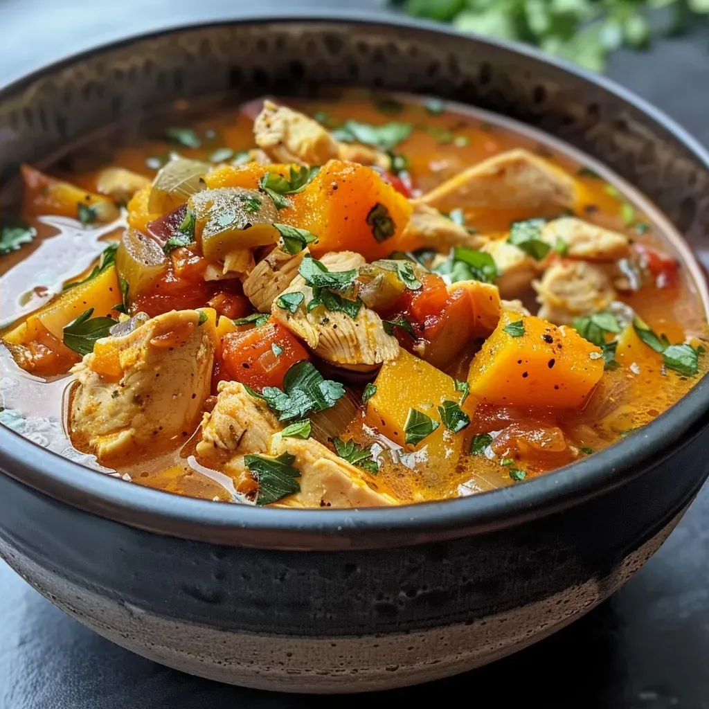 ['Close-up of a bowl of Harissa-Spiced Chicken Soup featuring chunks of chicken, butternut squash, and California figs.', 'Side view of a steaming bowl of vibrant chicken soup garnished with figs and lemon wedges.', 'Golden-colored soup with chicken pieces and figs, captured in a close-up shot with a blurred background.', 'Rich Harissa-spiced chicken soup served in a bowl, showcasing colorful vegetables and figs.']