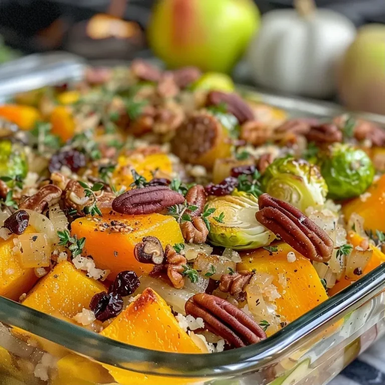['A close-up of a colorful Harvest Casserole featuring chicken sausage and mixed vegetables.', 'Side view of a delicious Harvest Casserole with chunks of butternut squash and brussels sprouts.', 'Juicy Harvest Casserole loaded with chicken sausage, herbs, and cranberries in a baking dish.', 'Vibrant Harvest Casserole showcasing cooked vegetables and sausage, garnished with fresh parsley.']