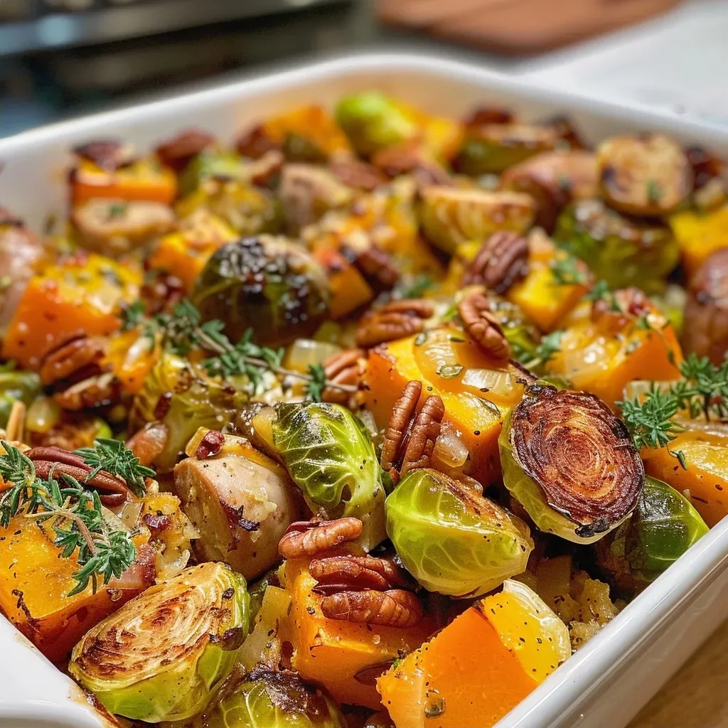 ['A close-up of a colorful Harvest Casserole featuring chicken sausage and mixed vegetables.', 'Side view of a delicious Harvest Casserole with chunks of butternut squash and brussels sprouts.', 'Juicy Harvest Casserole loaded with chicken sausage, herbs, and cranberries in a baking dish.', 'Vibrant Harvest Casserole showcasing cooked vegetables and sausage, garnished with fresh parsley.']