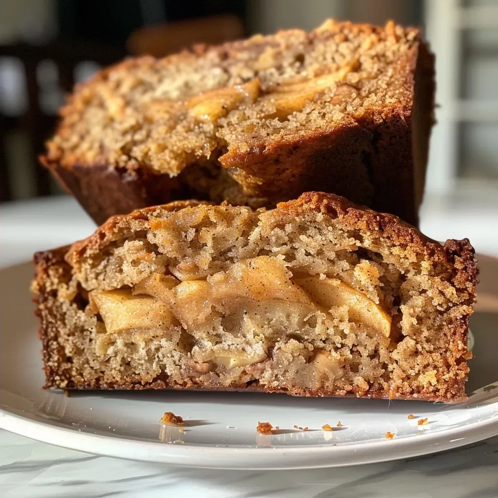 ['A slice of healthy apple bread with whole wheat and honey, showcasing its moist texture and apple pieces.', 'Close-up of a freshly baked healthy apple bread, highlighting its golden crust and soft interior with grated apples.', 'Side view of healthy apple bread on a wooden cutting board, with visible ingredients like nuts and cinnamon on top.', 'A delicious serving of healthy apple bread, revealing its fluffy texture and bits of apple throughout.']