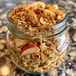 ['Close-up of healthy apple cinnamon granola in a bowl, showcasing chunks of apple chips and oats.', 'Side view of a delicious granola mix with visible apple pieces and a sprinkle of cinnamon.', 'Juicy apple cinnamon granola displayed in a clear bowl, highlighting the texture and ingredients.', 'Healthy granola featuring oats and apple chips, captured with vibrant colors and rich details.']